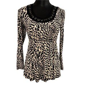 Black & Ivory Print Top/Tunic with Beaded Neckline – Small – Like New
